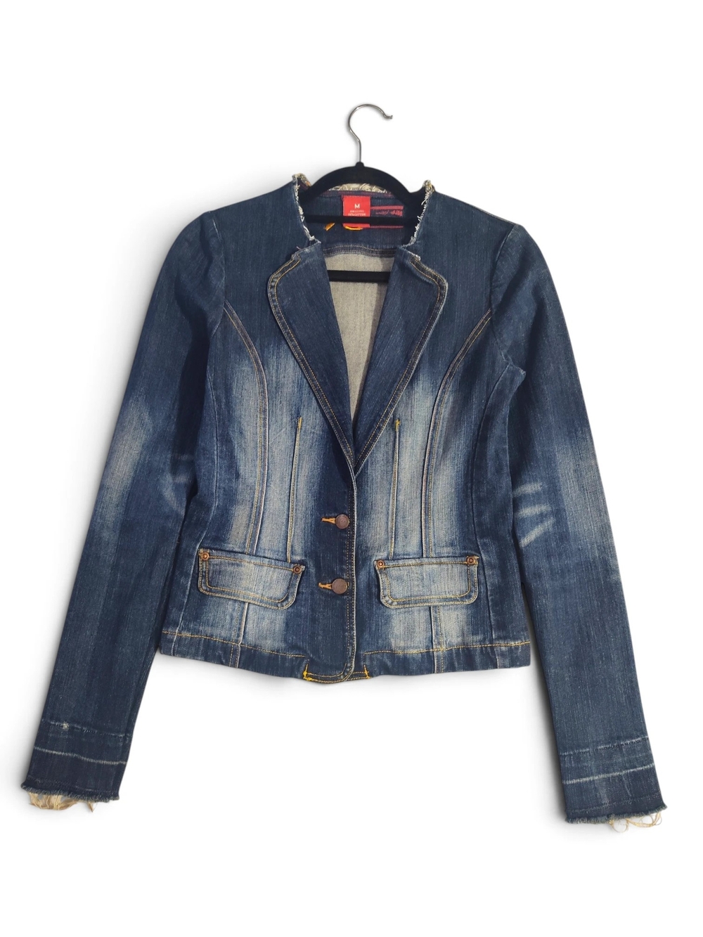 Vintage Y2K Request Denim Blazer Jacket Fitted Distressed Blue Frayed Juniors M